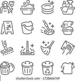 Icono de limpieza conjunto de ilustración vectorial. Contiene un icono como Lavado, Batido, Limpiador, Maid, Mop, Bucket y más. Paro expandido