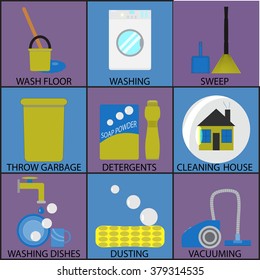 Cleaning icon set washing dusting and sweep. Wash floor, washing and sweep, throw garbage, detergents cleaning house, dishes and dusting, vacuum icon. Vector abstract flat design illustration