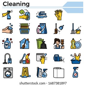 Cleaning icon set for website, daily hygiene issue and coronavirus protection.