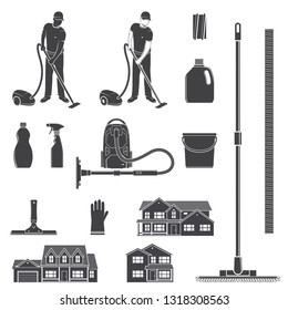 Cleaning icon silhouette for emblems ,badge and labels. Set include man with vocuum cleaner, eguipment, houses. Vector illustration.