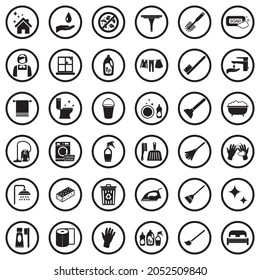 Cleaning Icons. Black Flat Design In Circle. Vector Illustration.
