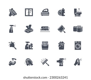 Cleaning icons black set. Hygiene, cleanliness and household chores, disinfection. Brush, sponge and window scraper. Spray and cleaning agent. Flat vector collection isolated on white background