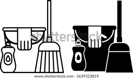 Cleaning Icons. Black and White Vector Illustrations. Bucket, Broom, Rubber Glove, and Detergent. Cleanliness in the House. Hygiene Concept
