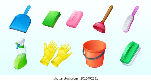 Cleaning icons with bucket, sponge and spray
