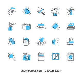 Cleaning icons color set. Hand with cleaning agent under water, soap foam. Cleanliness and hygiene, household chores. Wipes, sponge and spray. Flat vector collection isolated on white background