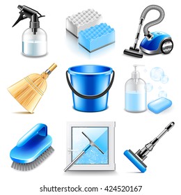 Cleaning icons detailed photo realistic vector set