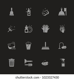 Cleaning icons - Gray symbol on black background. Simple illustration. Flat Vector Icon.