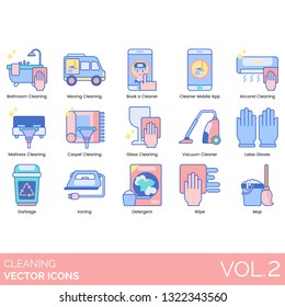 Cleaning icons including bathroom, moving, book a cleaner, mobile app, aircon, mattress, carpet, glass, vacuum, latex gloves, garbage, ironing, detergent, wipe, mop.