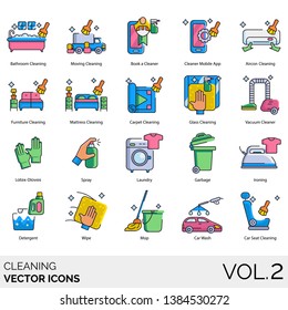 Cleaning icons including bathroom, moving, book a cleaner, mobile app, aircon, furniture, mattress, carpet, glass, vacuum, latex gloves, spray, laundry, garbage, ironing, detergent, wipe, mop, seat.