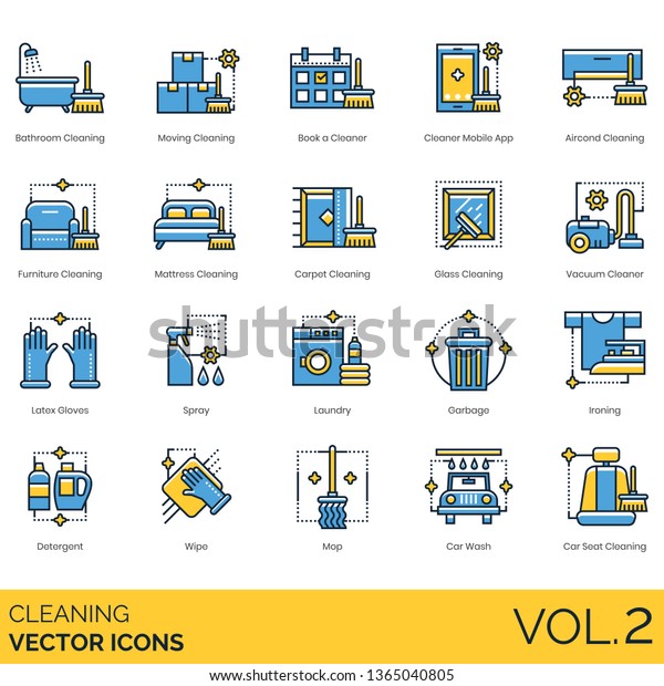 Cleaning icons including bathroom, moving, book a
cleaner, mobile app, aircon, furniture, mattress, carpet, glass,
vacuum, latex gloves, spray, laundry, garbage, ironing, detergent,
wipe, mop, seat.