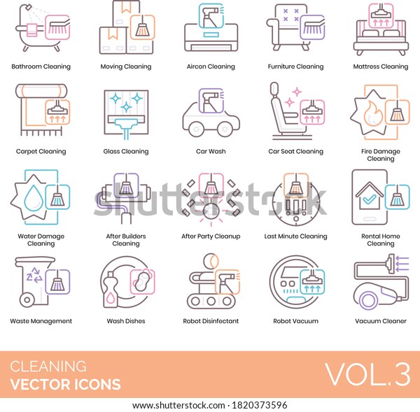 Cleaning icons including bathroom, moving,\
aircon, furniture, car wash, damage, after builders, party cleanup,\
last minute, rental home, waste management, dishes, robot\
disinfectant, vacuum\
cleaner.