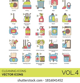 Cleaning icons including laundry, ironing, garbage, plunger, high-pressure washer, detergent, soap, hand gel, chlorine tablet, disinfecting routine, daily, phone, alcohol wipes, washing, baking soda.