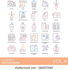 Cleaning Icons Including Laundry, Ironing, Garbage, Mop, Plunger, Spray, Bleach, Detergent, Soap, Gel, Chlorine Tablet, Disinfecting Routine, Electronic Device, Alcohol Wipes, Washing Hand, Hot Water.