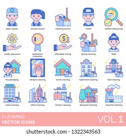 Cleaning icons including male, female cleaner, service, janitor, vetted professional, quality assurance, satisfaction guarantee, affordable pricing, spring, maid, housekeeping, window, home, apartment