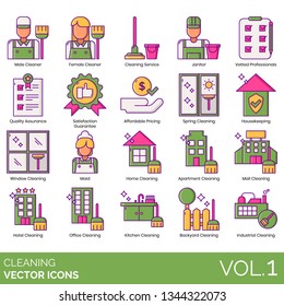 Cleaning icons including male, female cleaner, service, janitor, vetted professional, quality assurance, satisfaction guarantee, affordable pricing, spring, housekeeping, window, maid, home, apartment