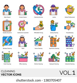 Cleaning icons including male, female cleaner, service, janitor, vetted professional, quality assurance, satisfaction guarantee, affordable pricing, spring, housekeeping, window, maid, home, apartment