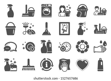 Cleaning icons. Laundry, Sponge and Vacuum cleaner signs. Washing machine, Housekeeping service and Maid equipment symbols. Window cleaning and Wipe off. Quality set. Vector