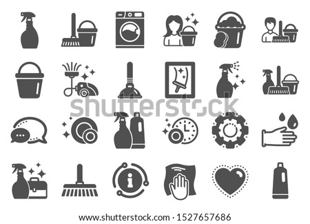 Cleaning icons. Laundry, Sponge and Vacuum cleaner signs. Washing machine, Housekeeping service and Maid equipment symbols. Window cleaning and Wipe off. Quality set. Vector