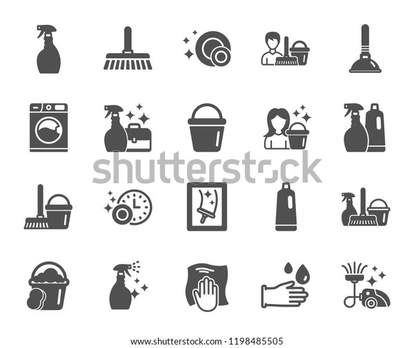 Cleaning icons. Laundry, Sponge and Vacuum cleaner\
signs. Washing machine, Housekeeping service and Maid equipment\
symbols. Window cleaning and Wipe off. Quality design element.\
Classic style. Vector