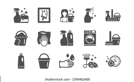 Cleaning icons. Laundry, Window sponge and Vacuum cleaner. Washing machine classic icon set. Quality set. Vector