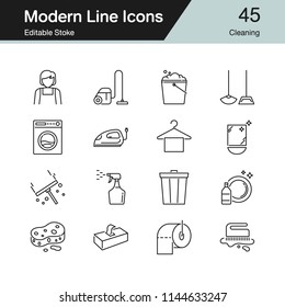 Cleaning icons. Modern line design set 45. For presentation, graphic design, mobile application, web design, infographics. Editable Stroke. Vector illustration.