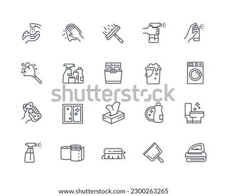 Cleaning icons outline set. Sponge and hand with foam, bucket of water and wet wipes for cleaning surfaces and disinfecting. Routine and hygiene. Flat vector collection isolated on white background