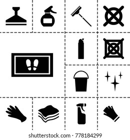 Cleaning icons. set of 13 editable filled cleaning icons such as gloves, bucket, clean, foot carpet, cleanser, no dry cleaning, sponge, spray bottle