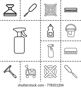 Cleaning icons. set of 13 editable outline cleaning icons such as window squeegee, cleanser, dust brush, clean brush, spray bottle