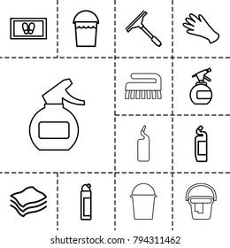 Cleaning icons. set of 13 editable outline cleaning icons such as spray bottle, gloves, window squeegee, bucket, foot carpet, cleanser, sponge