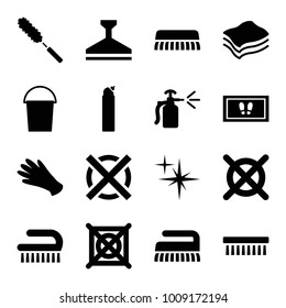 Cleaning icons. set of 16 editable filled cleaning icons such as gloves, bucket, foot carpet, cleanser, clean brush, no dry cleaning, spray bottle, sponge, window squeegee