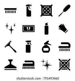 Cleaning icons. set of 16 editable filled cleaning icons such as window squeegee, clean, foot carpet, dust brush, clean brush, no dry cleaning, spray bottle, gloves