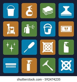 cleaning icons set. Set of 16 cleaning filled icons such as spray bottle, window squeegee, bucket, clean, foot carpet, cleanser, dust brush, clean brush
