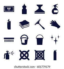 cleaning icons set. Set of 16 cleaning filled icons such as spray bottle, gloves, window squeegee, bucket, clean, foot carpet, cleanser, clean brush, no dry cleaning