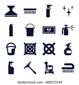 Cleaning icons set. set of 16 cleaning filled icons such as spray bottle, window squeegee, bucket, clean, foot carpet, cleanser