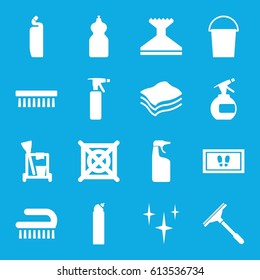 Cleaning icons set. set of 16 cleaning filled icons such as spray bottle, window squeegee, bucket, clean, foot carpet, cleanser, clean brush