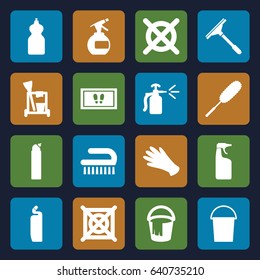 Cleaning icons set. set of 16 cleaning filled icons such as spray bottle, gloves, window squeegee, bucket, foot carpet, cleanser, dust brush