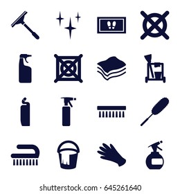 Cleaning icons set. set of 16 cleaning filled icons such as spray bottle, gloves, window squeegee, bucket, clean, foot carpet, cleanser, dust brush, clean brush