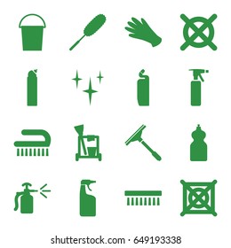 Cleaning icons set. set of 16 cleaning filled icons such as spray bottle, gloves, window squeegee, bucket, clean, cleanser, dust brush
