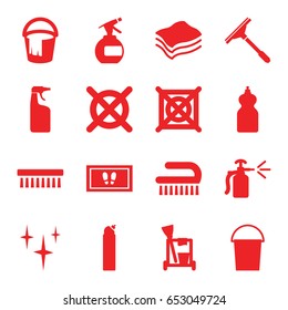 Cleaning icons set. set of 16 cleaning filled icons such as spray bottle, window squeegee, bucket, clean, foot carpet, cleanser, clean brush