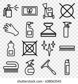 Cleaning icons set. set of 16 cleaning outline icons such as spray bottle, gloves, window squeegee, clean, foot carpet, cleanser