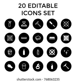 Cleaning icons. set of 20 editable filled and outline cleaning icons such as gloves, window squeegee, clean, no dry cleaning, spray bottle, bucket, cleanser, clean brush