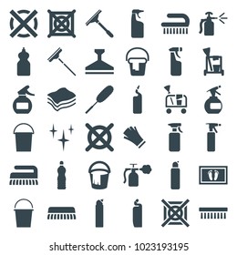 Cleaning icons. set of 36 editable filled cleaning icons such as spray bottle, window squeegee, bucket, clean, cleanser, dust brush, clean brush, sponge, gloves