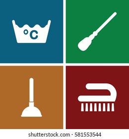 Cleaning icons set. Set of 4 Cleaning filled icons such as plunger, mop, clean brush