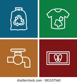 Cleaning icons set. Set of 4 Cleaning outline icons such as tap, foot carpet, trash bag