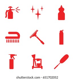 Cleaning icons set. set of 9 cleaning filled icons such as spray bottle, window squeegee, cleaning tools, clean, cleanser, dust brush
