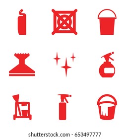 Cleaning icons set. set of 9 cleaning filled icons such as spray bottle, bucket, window squeegee, clean