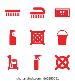 Cleaning icons set. set of 9 cleaning filled icons such as spray bottle, bucket, foot carpet, cleanser