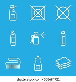 cleaning icons set. Set of 9 cleaning outline icons such as cleanser, clean brush, no dry cleaning, spray bottle