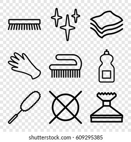 Cleaning icons set. set of 9 cleaning outline icons such as gloves, window squeegee, clean, cleanser, dust brush, clean brush, no dry cleaning