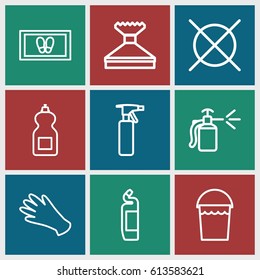 Cleaning icons set. set of 9 cleaning outline icons such as spray bottle, gloves, bucket, window squeegee, foot carpet, cleanser